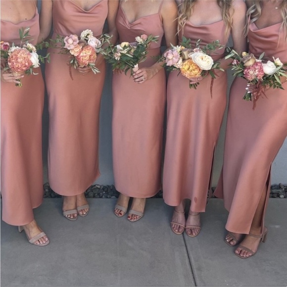 BHLDN Cali Satin Draped Cowl Neck Midi Slip Bridesmaid Dress Sedona - Picture 4 of 16